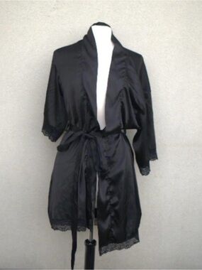 Black Satin Lace-Trim Robe - Women's Intimates